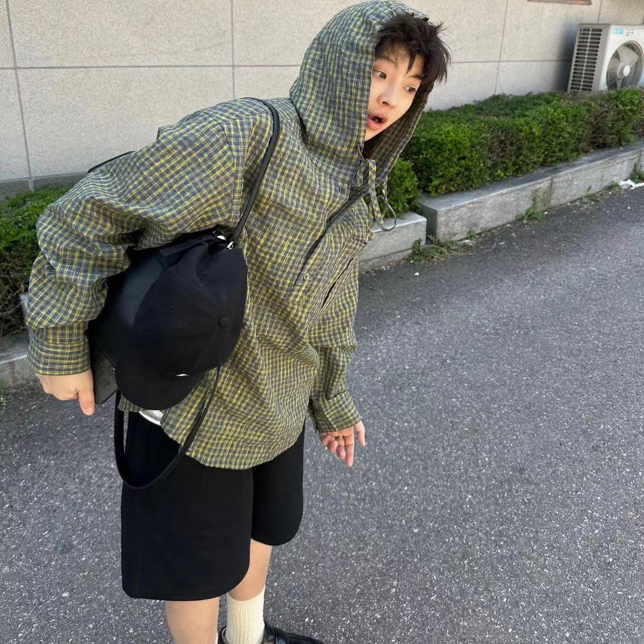 美式复古绿色套头连帽格子衬衫