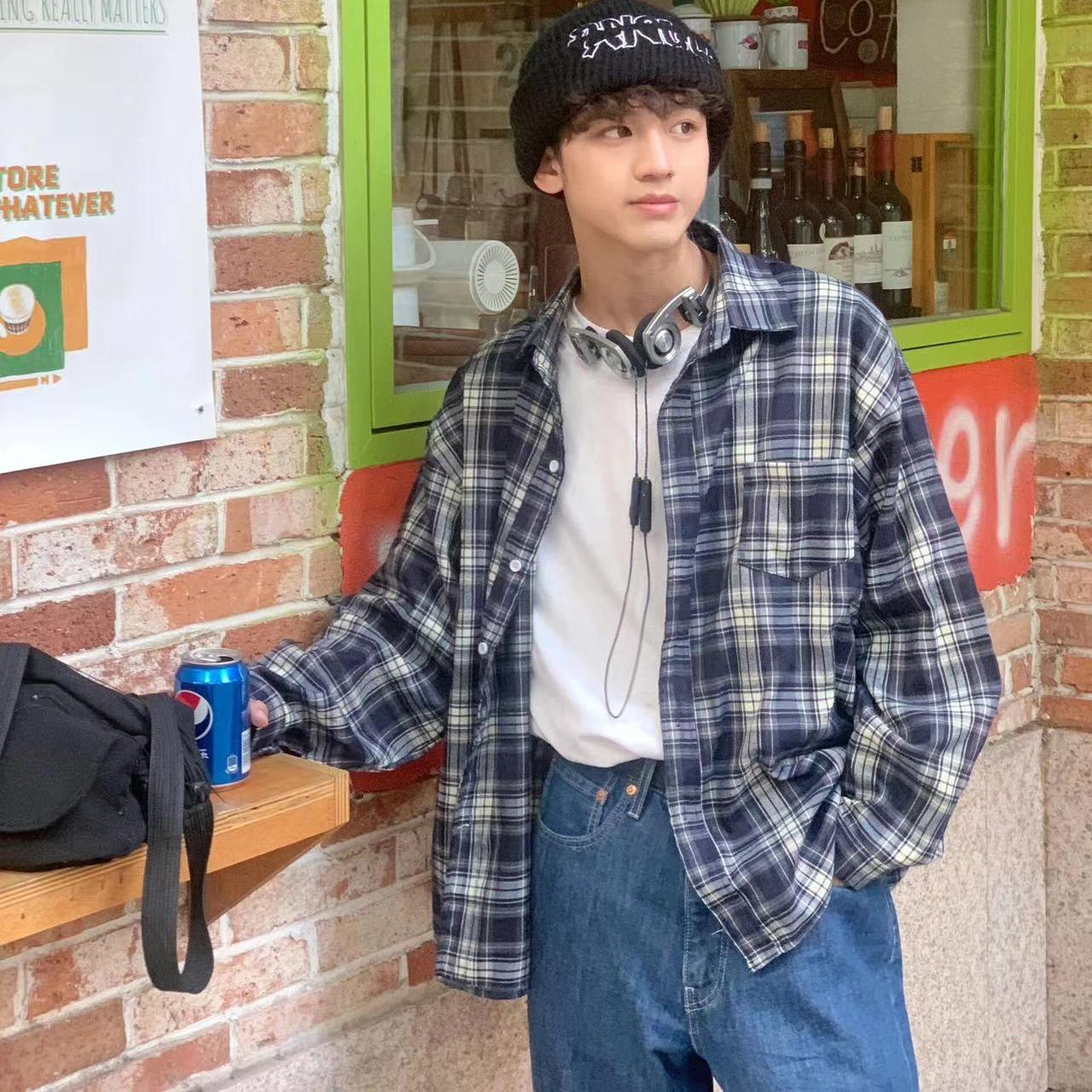 藏青色格子衬衫美式春秋季外套