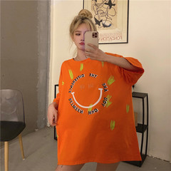 實拍 t恤女ins中長款寬鬆印花減齡休閒短袖上衣
