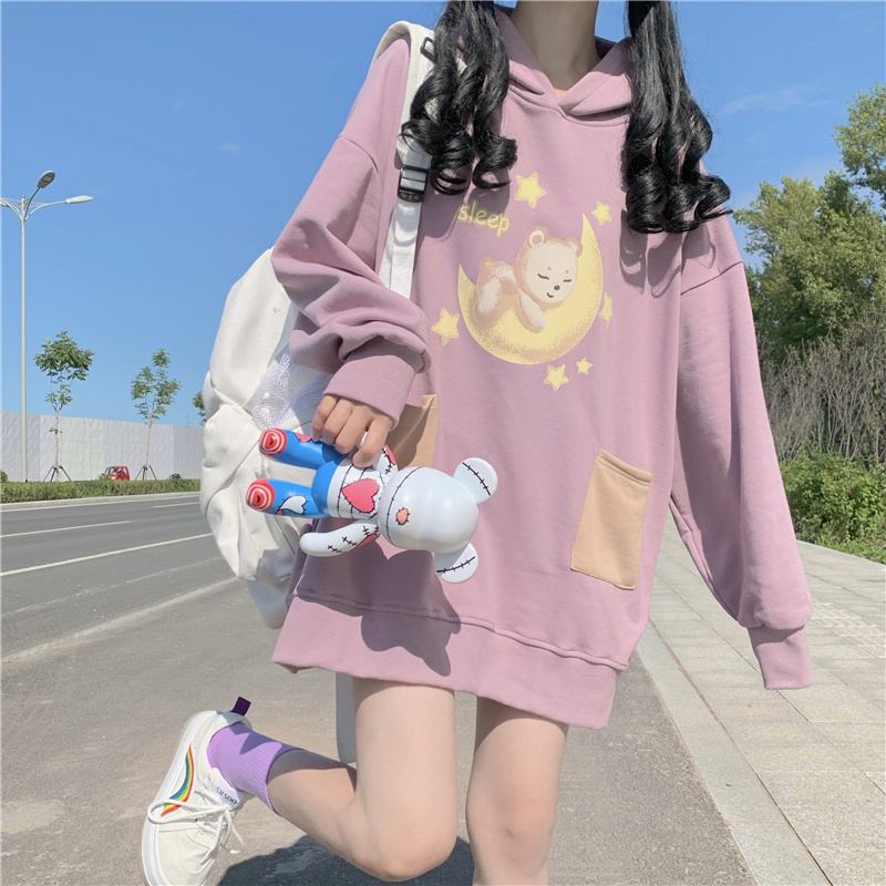 Real shot Japanese college style Korean version ins lovely printing loose Plush thickened hooded women's sweater