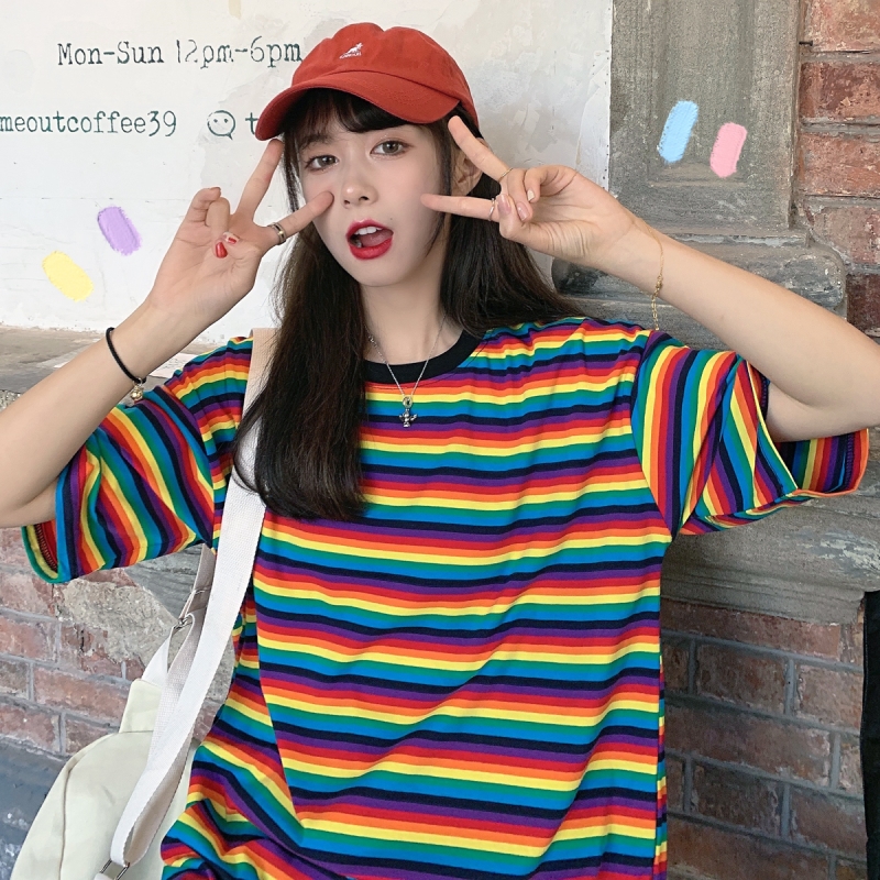 Real shot short sleeve T-shirt women's medium length Rainbow Stripe top