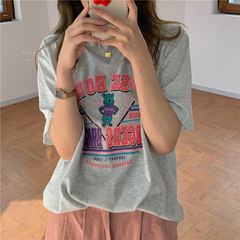 實拍印花寬鬆圓領百搭設計感小眾短袖恤女