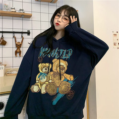 Real shot spring and autumn Korean version super fire retro bear print thin hooded women's sweater