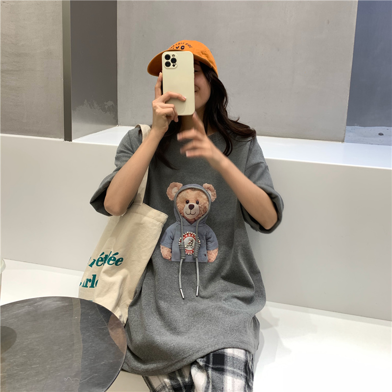 Solid embroidery bear print loose short sleeve T-shirt