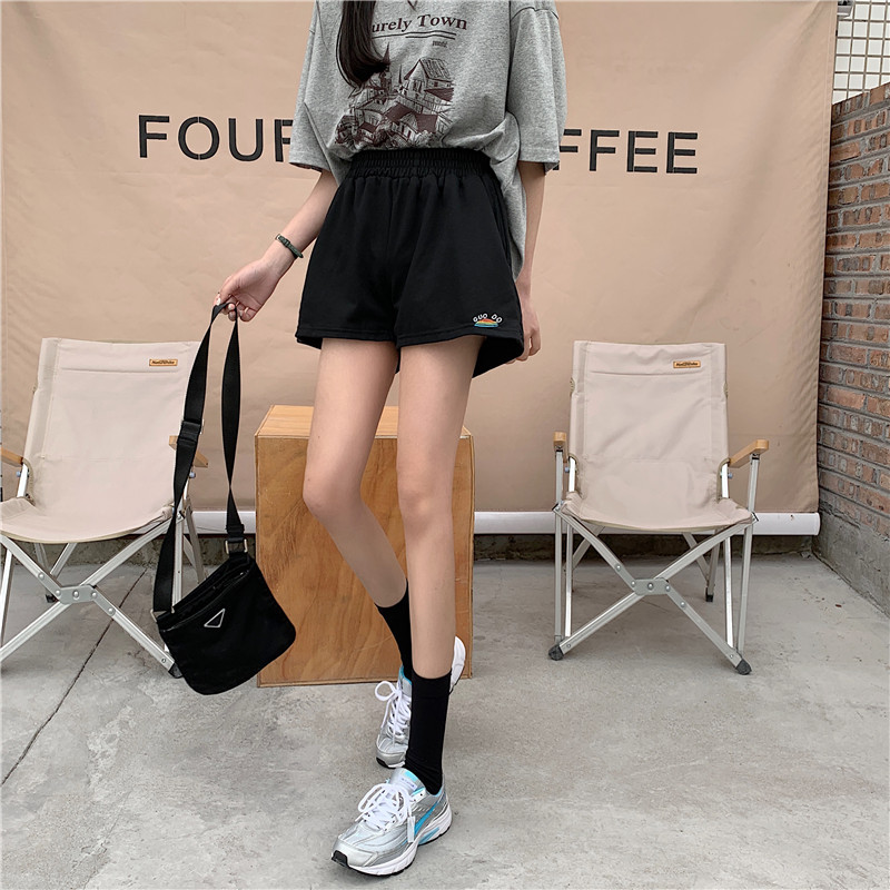 Real shot Retro High Waist loose A-line Wide Leg Pants Black versatile embroidered sports shorts female