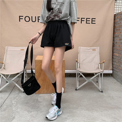 Real shot Retro High Waist loose A-line Wide Leg Pants Black versatile embroidered sports shorts female