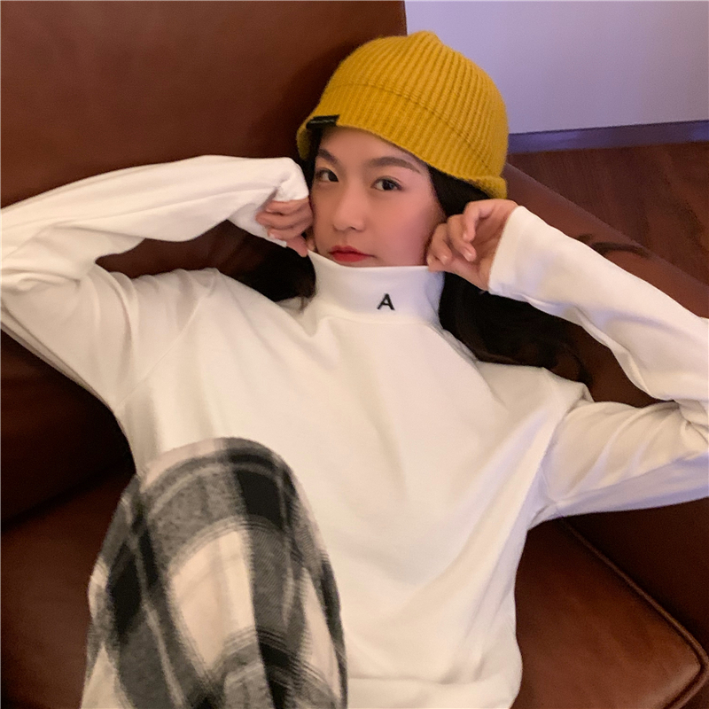 Real shot Derong half high collar embroidery long sleeve bottomed T-shirt 2021 spring and autumn Korean Edition top