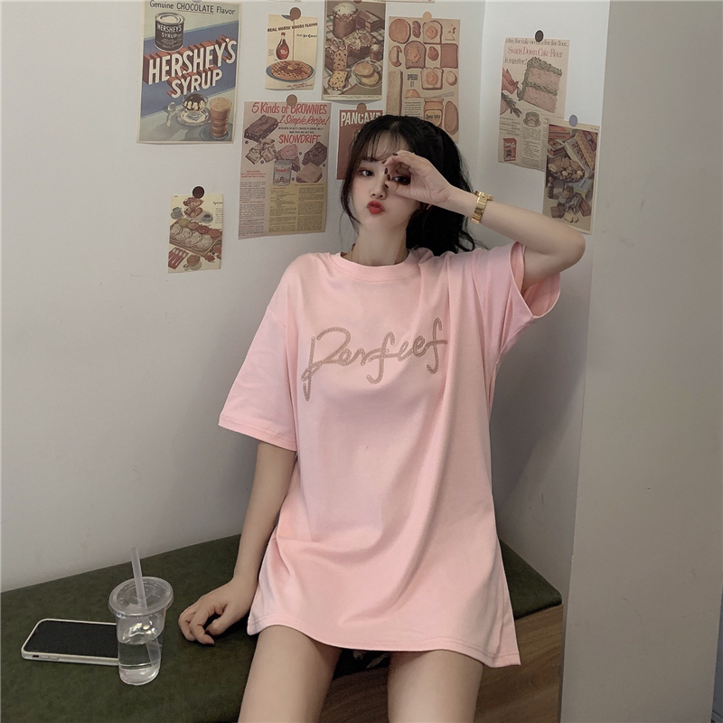 Real shot letter embroidery loose medium length short sleeve T-shirt