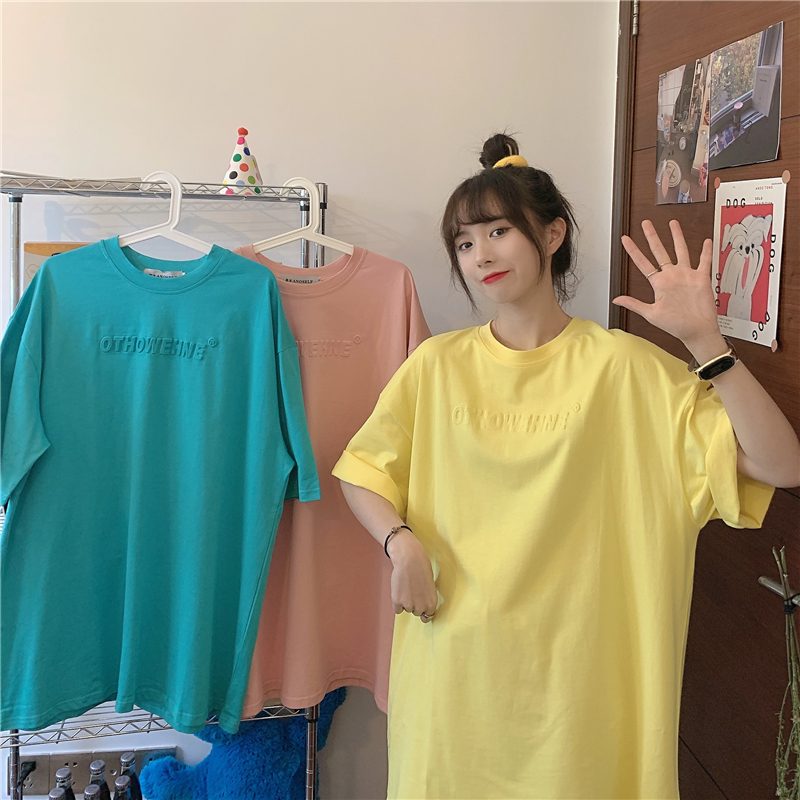 實拍韓版新款糖果色凹凸字母短袖恤女