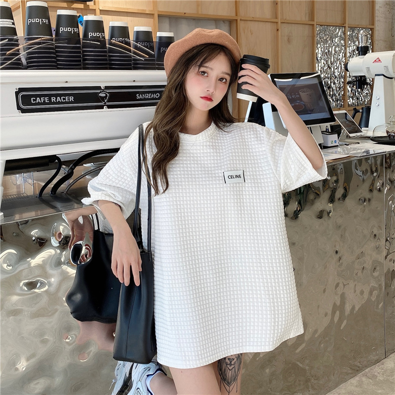 Real shot of Korean new mid long loose short sleeve T-shirt