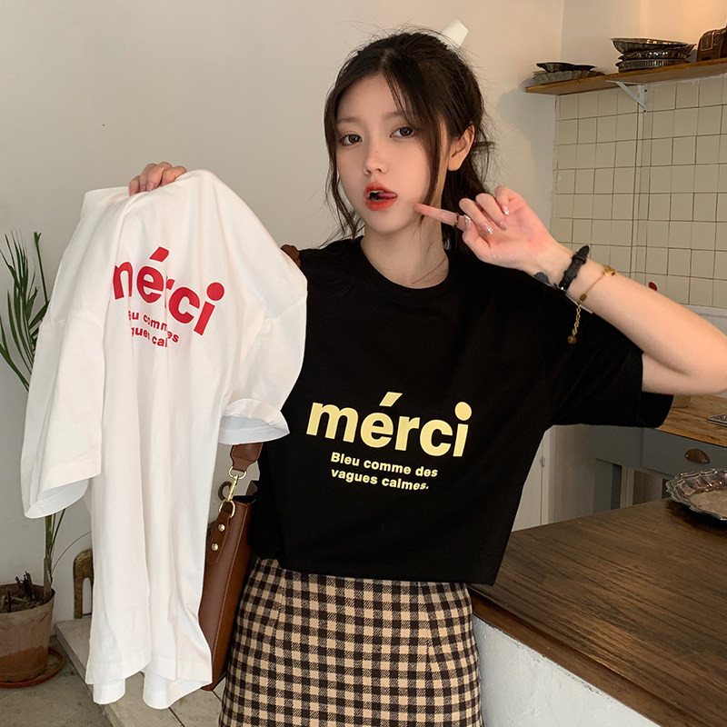 Real shot loose short sleeve T-shirt women's summer new cotton letter top