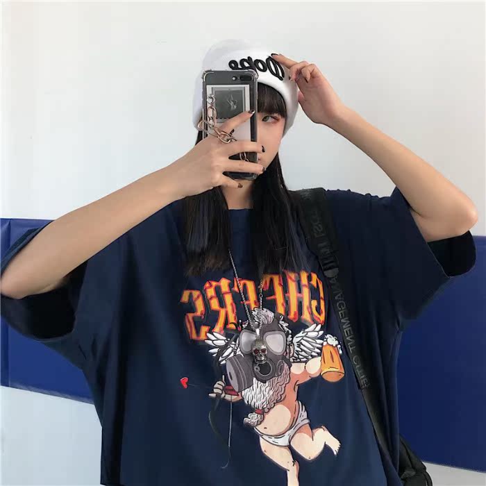 Original photo of Harajuku style loose print medium length short sleeve T-shirt