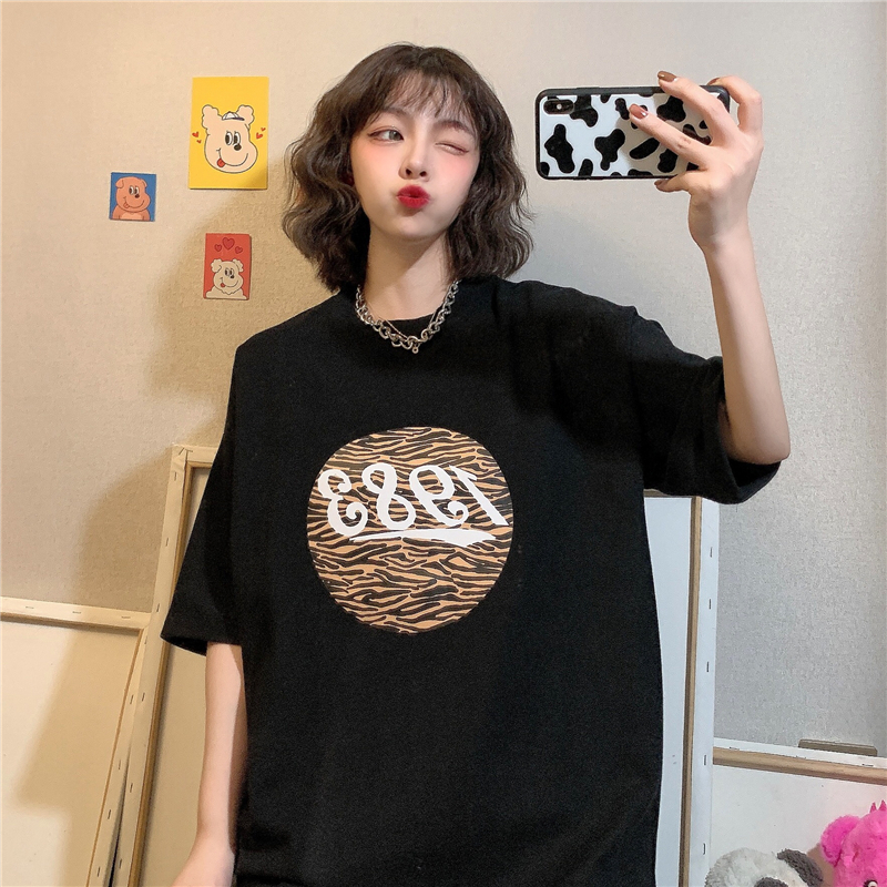 Real shot leopard print short sleeve T-shirt women's loose medium length half sleeve top student