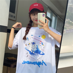 實拍星球宇航員印花寬鬆短袖恤女