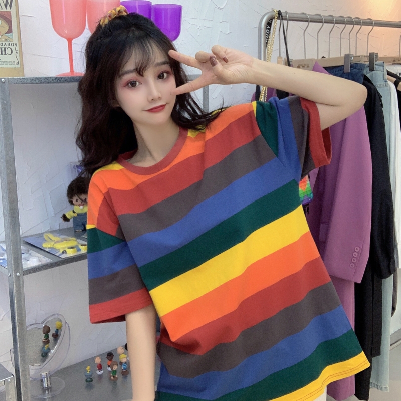 實拍  短袖t恤女中長款彩虹條紋