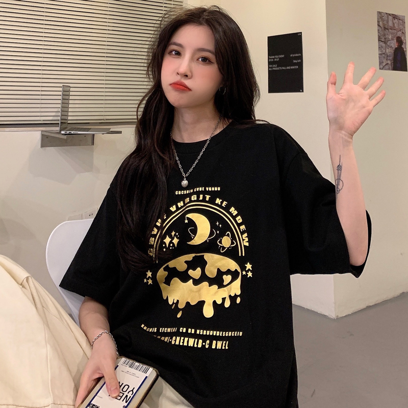 Real shot of new Korean bronzing printed short sleeve T-shirt