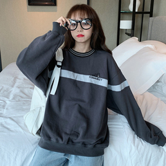 Real shot of spring and autumn Korean version stitched thread collar round neck Pullover