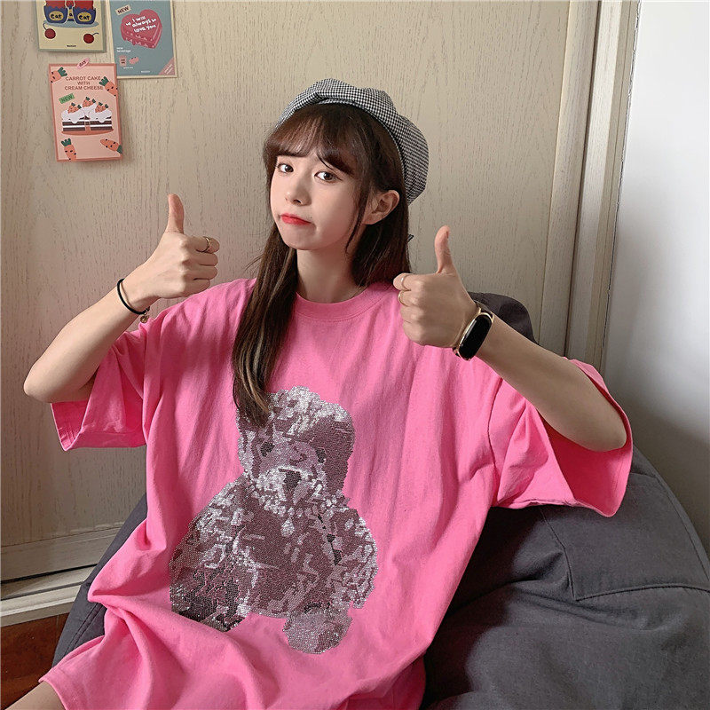 Real shot heavy industry Sequin bear half sleeve loose T-shirt round neck Korean version