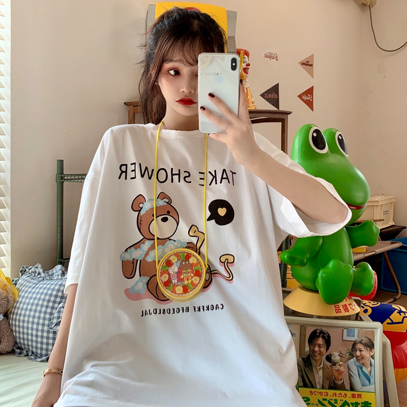 Real Korean loose medium length Cartoon Bear print short sleeve T-shirt