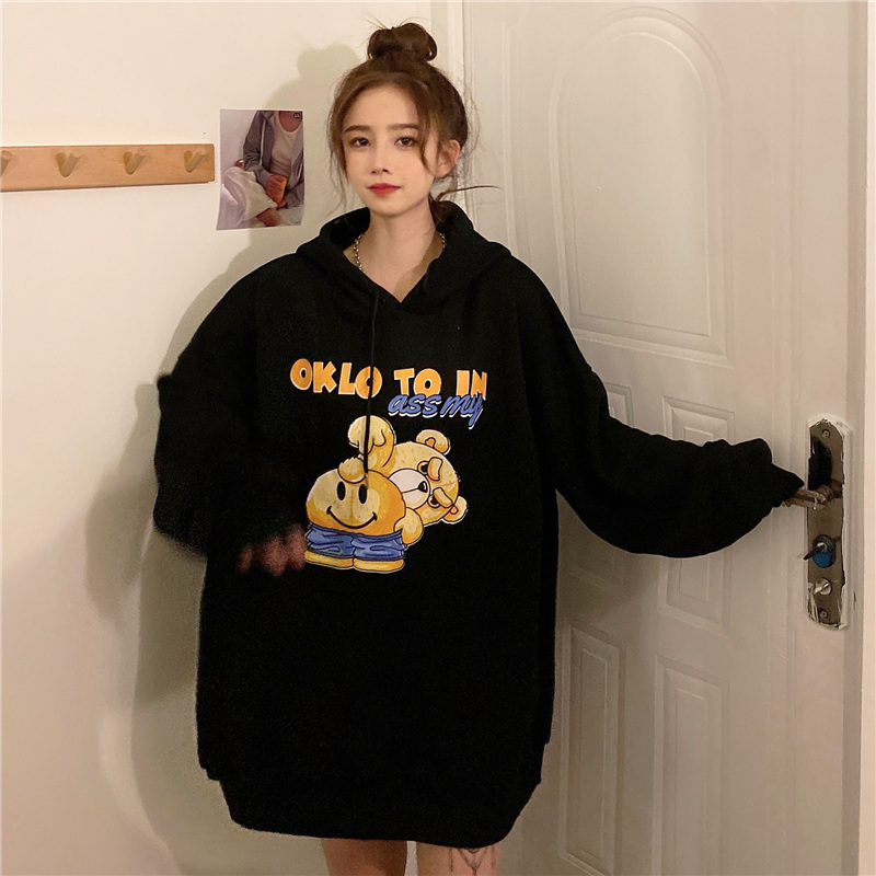 Korean cartoon printing of original real shot thickened loose hooded sweater