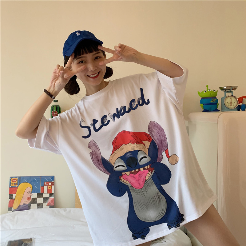 Real shot new summer Korean version ins hip hop cartoon print loose BF black T-shirt top half sleeve fashion