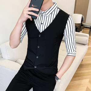 B302 CS232 2021夏男七分袖假两件中袖条纹工装衬衣图片