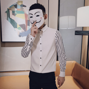 B302 CS319 2021春装男拼接条纹袖长袖衬衫 社会精神小伙图片