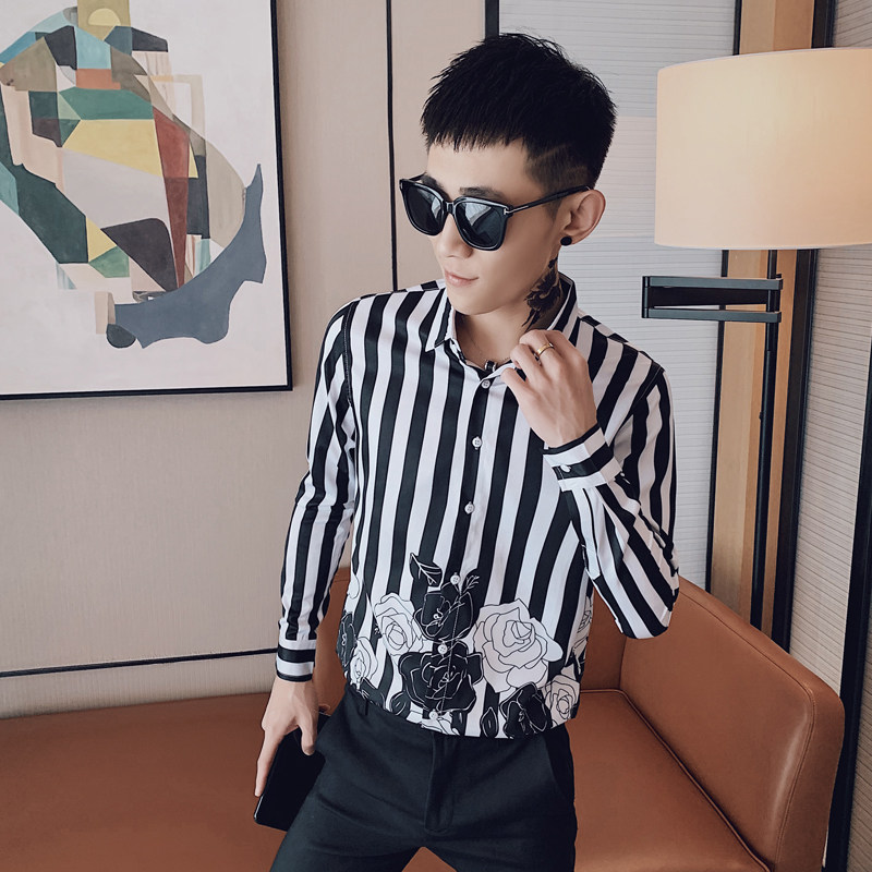 B302CS3052021春装男士条纹印花衬衫男长袖社会精神小伙,男装衬衫,电商B216（原B302）