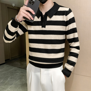 B216 MY5150 p60 2024秋冬新款翻领条纹毛衣 英伦针织衫男 社会风图片
