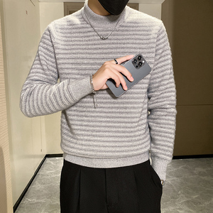 B216 MY5148 P65 2024秋冬装新款加厚款 男中领毛衣条纹针织衫图片