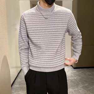 B216 MY5148 P65 2024秋冬装新款加厚款 男中领毛衣条纹针织衫图片
