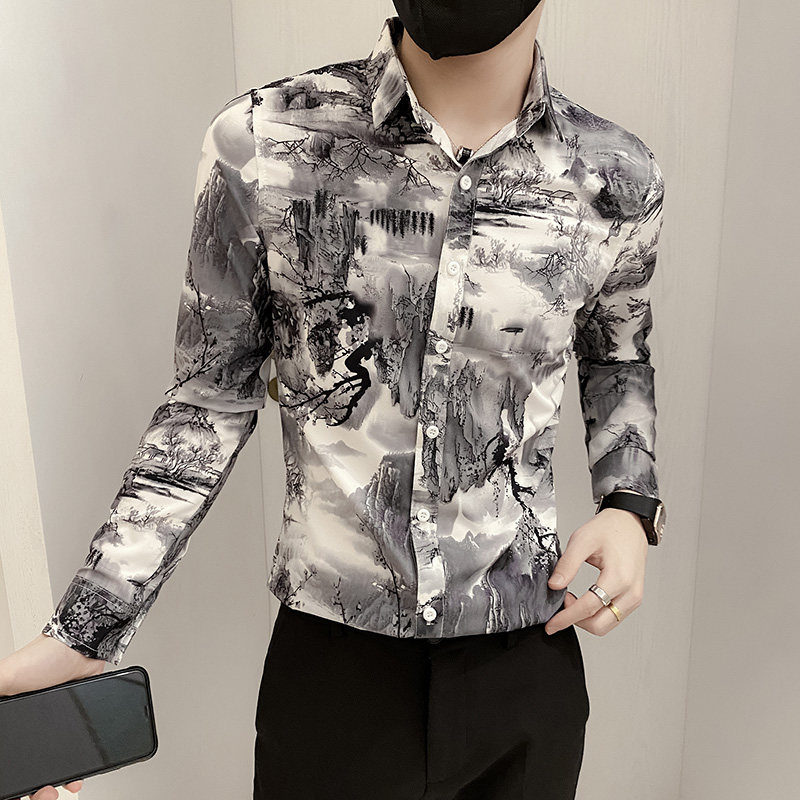 B302CS642021秋装山水画衬衫男士印花衬衣社会风,男装衬衫,电商B216（原B302）