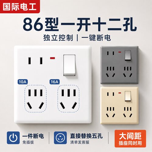 国际电工86暗装12孔插座10A/16A