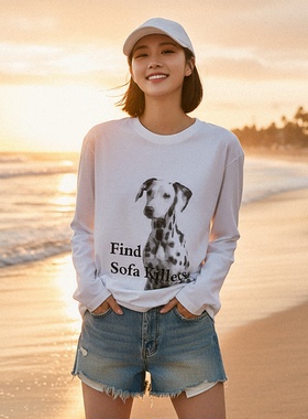FSK寻找沙发刺客 斑点狗宽松圆领长袖T恤