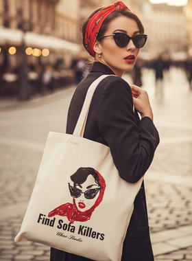 FSK 戴头巾的女人插画印花帆布包通勤遛弯布袋懒人上课包