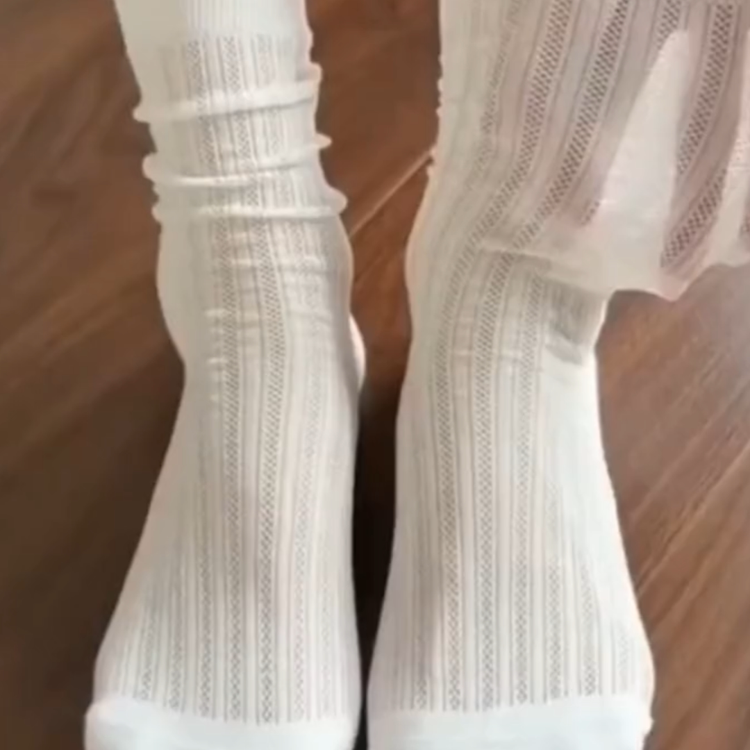 简约风白色堆堆袜女夏季薄款纯棉中筒袜松口透气女袜