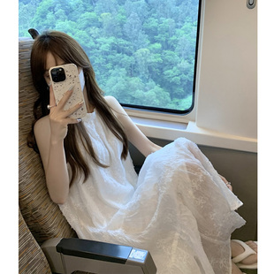法式 寬松海邊度假三亞沙灘長裙子 晚晚風溫柔白色掛脖連衣裙女夏季