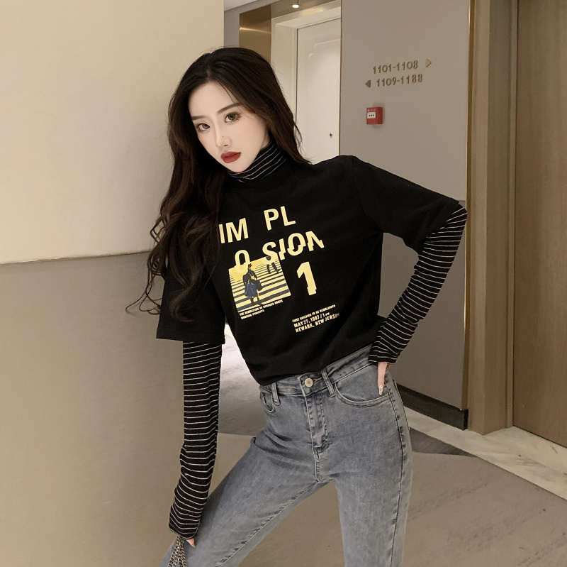 Real auction real price retro Street Style Long Sleeve T-Shirt fake two-piece top striped high collar base shirt women's fashion