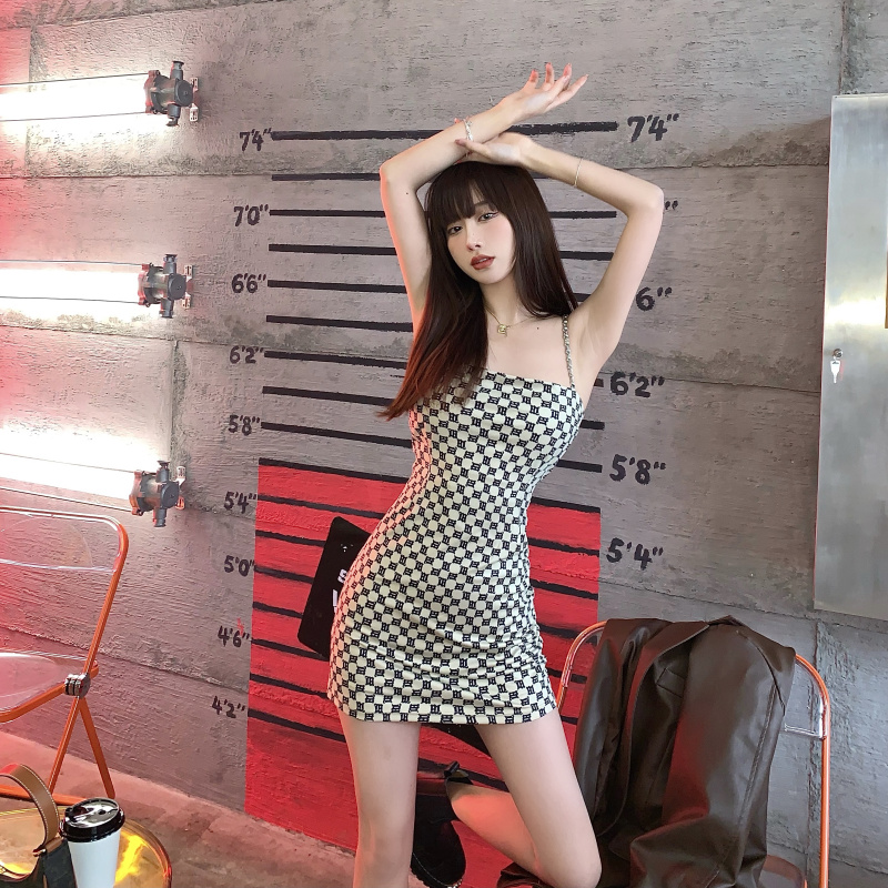 Real price high-end spice girl one neck suspender dress women's high waist and thin hip skirt A-line skirt