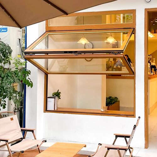 定制网红铝合金木纹色上下折叠窗咖啡店奶茶店吧台上翻窗任意随停