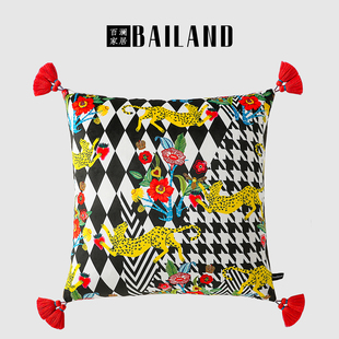 百澜家居YH126美式 中古黑白千鸟格复古抱枕靠垫客厅方枕沙发腰枕