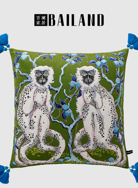 百澜家居YH080蓝绿色猴中国风客厅沙发靠垫中式复古抱枕床头靠枕