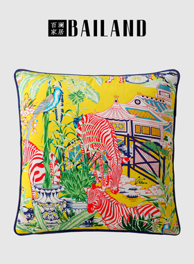 百澜家居YH149黄色斑马中式复古双面印花沙发客厅抱枕靠垫腰枕套