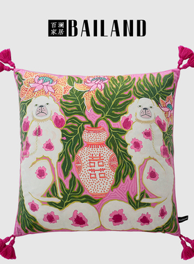 百澜家居YH050紫红色复古双面印花新中式沙发客厅抱枕靠垫腰枕套