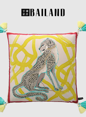 百澜家居YH044新中式丝绒黄色豹抱枕靠包床头沙发靠垫客厅抱枕套