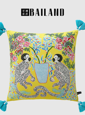 百澜家居YH052黄色猴复古双面印花新中式沙发客厅抱枕靠垫腰枕套