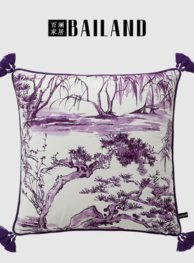 百澜家居YH086紫色复古双面印花新中式沙发客厅抱枕靠垫床上腰枕