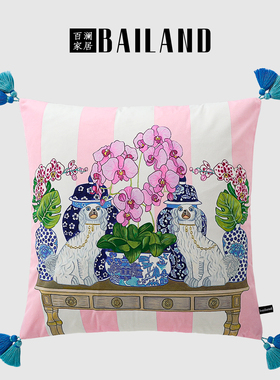 百澜家居YH106粉色兰花狗狗中国风客厅沙发靠垫美式抱枕床头靠枕