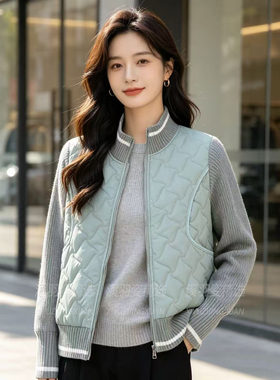 韩版时尚复古立领针织拼接棉服外套女士秋冬气质修身显瘦百搭棉衣