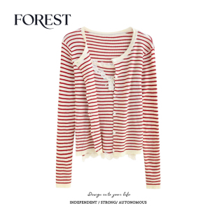 春装 针织衫 新款 开衫 两件套 韩系条纹蕾丝花边吊带背心长袖 拾野森